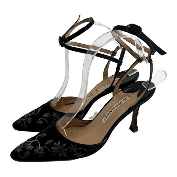 Manolo Blahnik Shoes - COPY - Manolo Blahnik Black Silver Hand Painted Floral Ankle Wrap Pumps Size 36